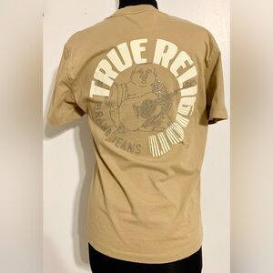 True Religion studded T shirt tan beige graphic unisex mens logo rhinestone 3D